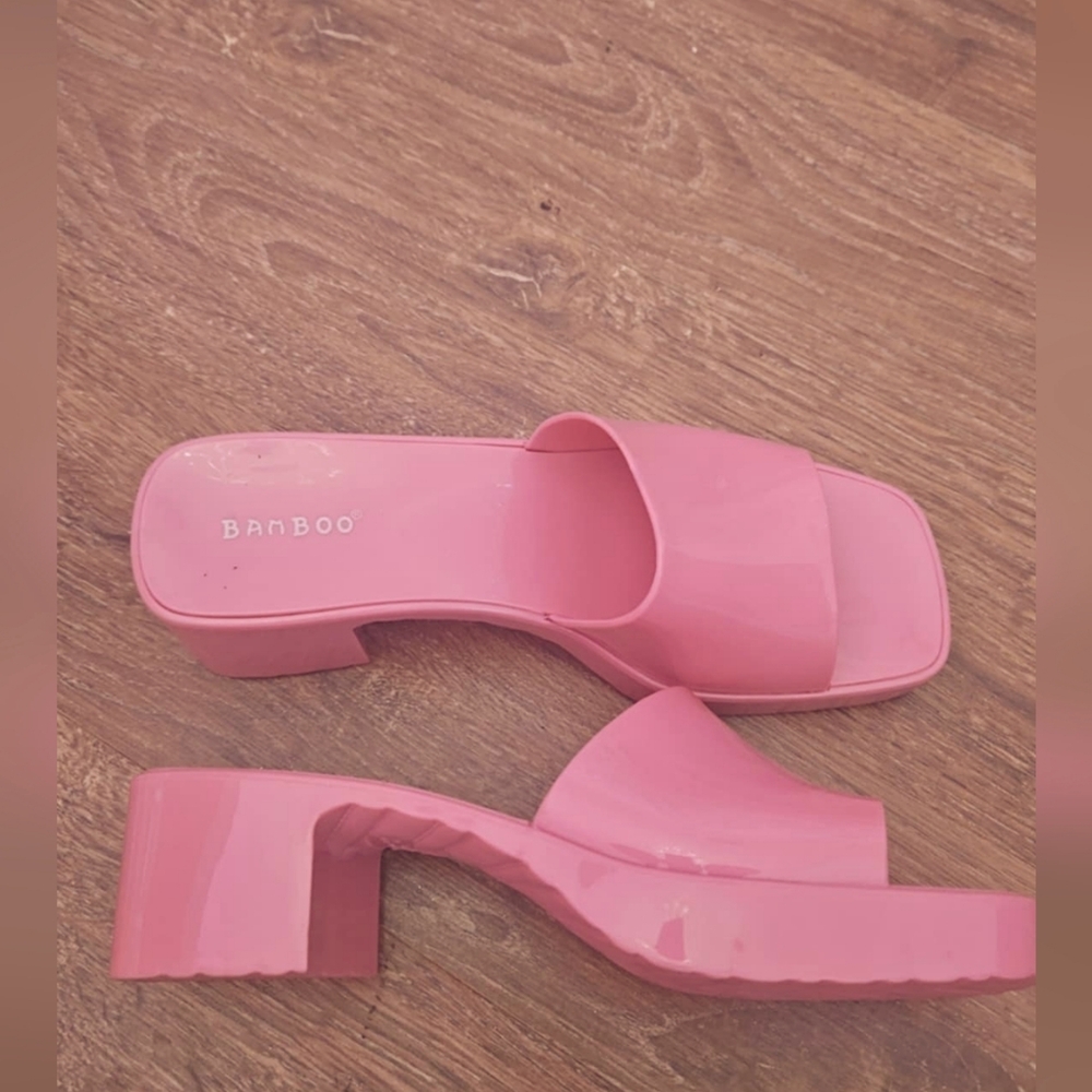 BAMBOO Pink Mules with Chunky Block Heel